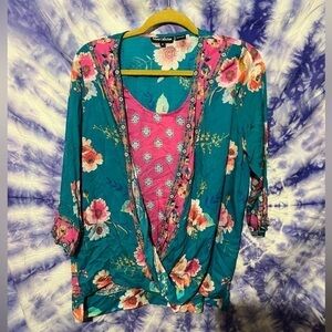 Tolani Collection Women's Floral Print Twist Front Long Sleeve Blouse Size Mediu